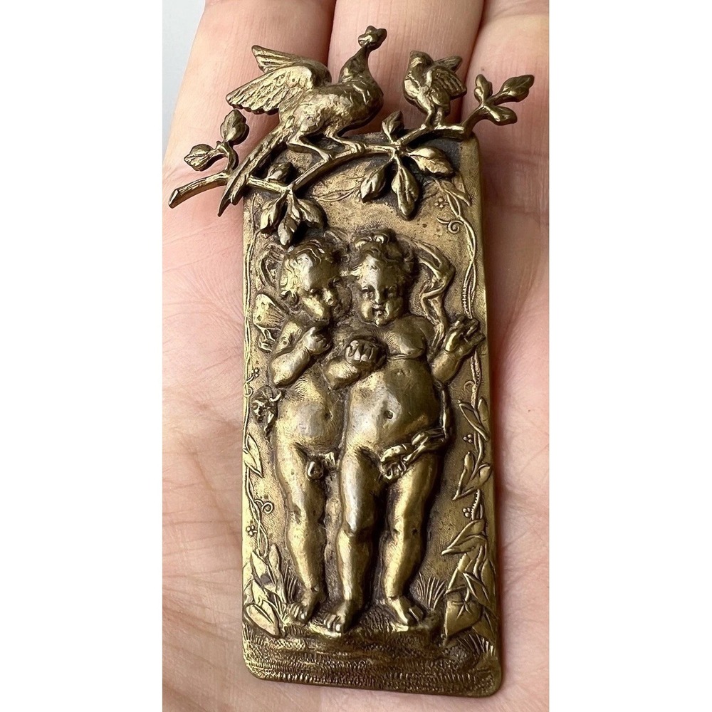 Victorian Angel Putti Brooch Brass Mourning Repousse Cherubs Vintage 3"